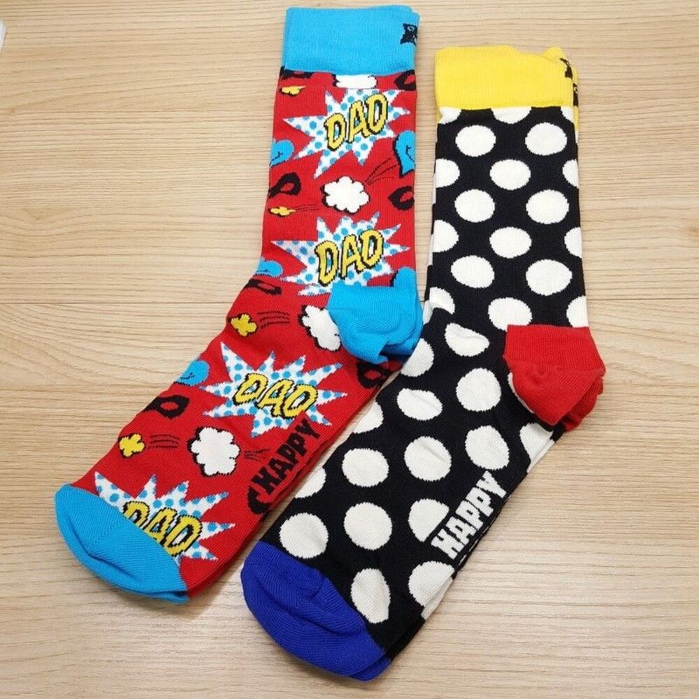 HAPPY SOCKS Crew Socks 2-Pack Red Black Superhero Dad Big Dot Colorful Size 8-12